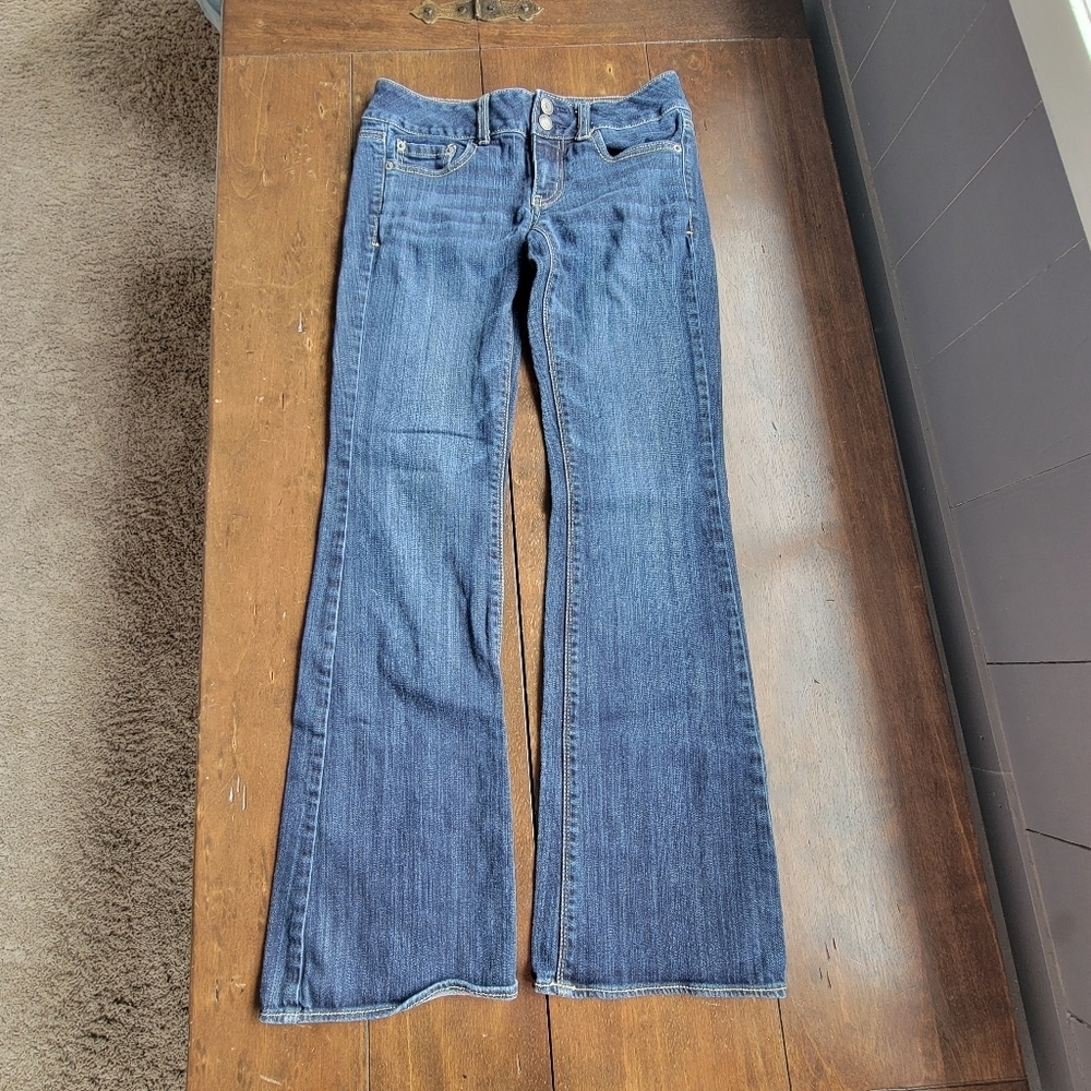 y2k American Eagle Artist Flare Jeans Stretch Cotton Dark Wash sz 2 Oil Stains